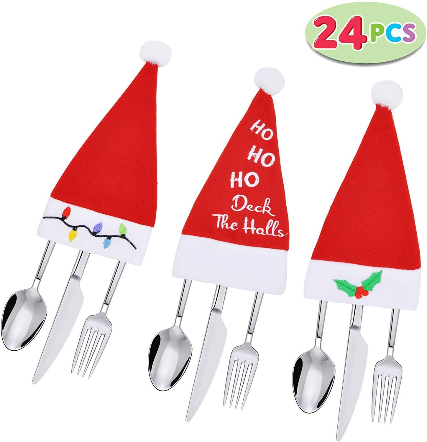 JOYIN 24 Piece Holiday Christmas Santa Hats Dinner Silverware Holders for Cutlery Party Dinner Table or Christmas Dinner Table Decorations -