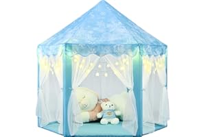 KIXINWA Frozen Princess Tent for Girls, Kids Play Tent with LED Small Snowflake Lights, Castle Playhouse Tent for Children Toddlers Indoor Outdoor Games, 55×53 Inches