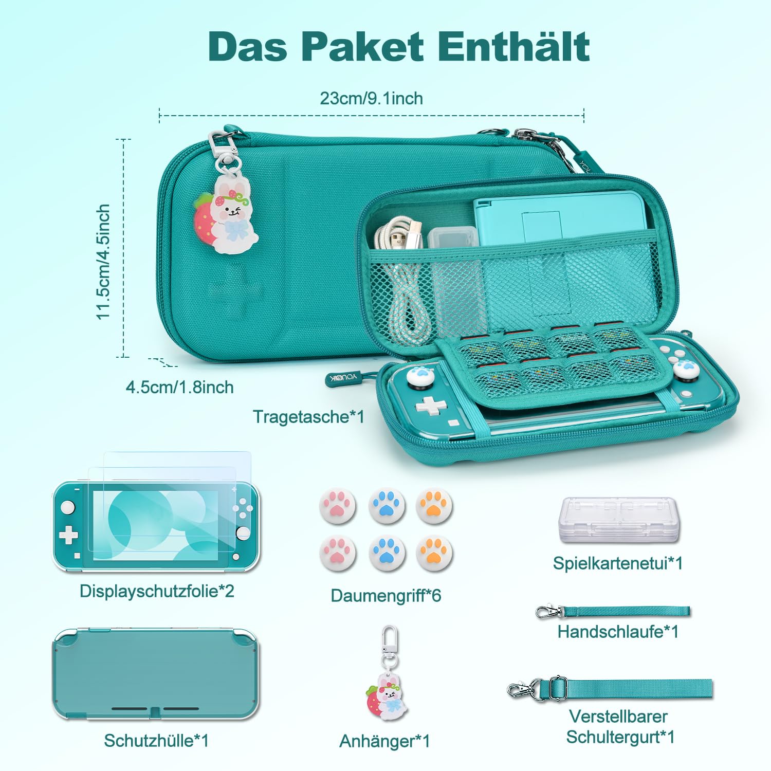 Younik Switch Lite Hülle, 14-in-1 Switch Lite Zubehör mit Switch Lite Tasche, klare Schutzhülle, Spielkartenhülle, 2 Bildschirmschützern, 6 Daumengriffen, Anhänger, Türkise Tragetasche für Switch Lite 2
