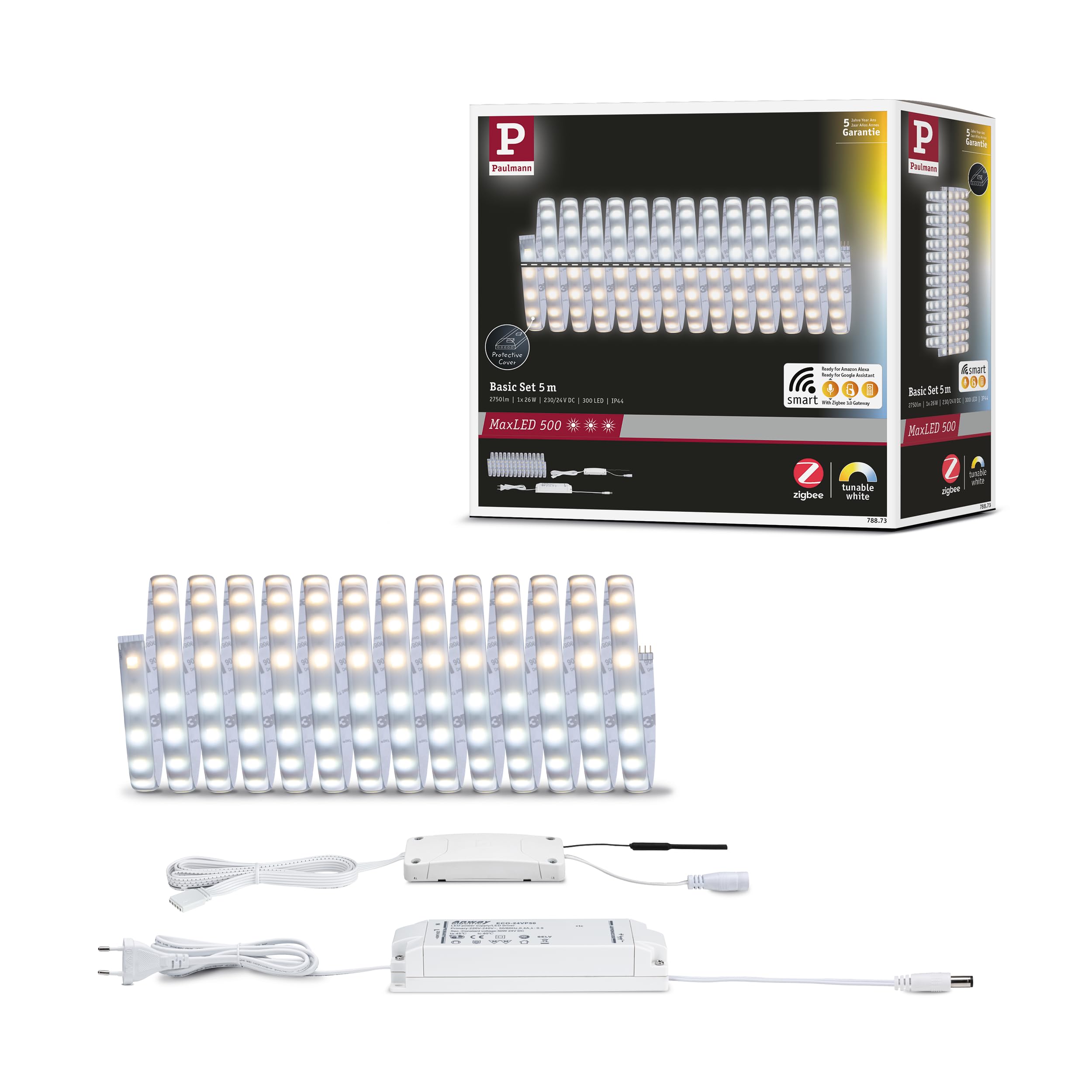 Paulmann 78873 LED Strips MaxLED 500 Basic Set Smart Home Zigbee Tunable White 5m IP44 26W 230/24V 2750lm Silver LED Lighting Strip Splash-Protected