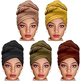 ZRQ 5 Pieces Solid Color Multicolor Combination Stretch Hijab Extra Long Scarf Jersey Turban Fashion Head Scarf Soft Head Wraps for Women (Black,Camel,Coffee,Army Green,Turmeric)