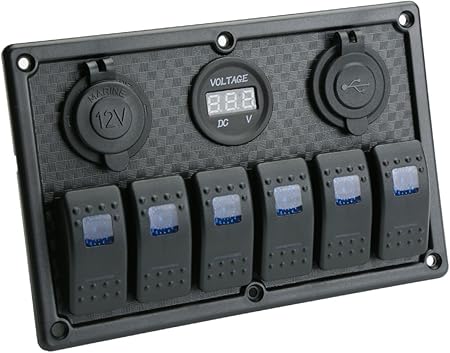 Amazon 汎用 6連 防滴仕様 ロッカ スイッチ パネル Ledパイロットランプ 電圧計 シガープラグ Usb電源付き アイコンステッカー100個入り ハーネス スイッチ 車 バイク