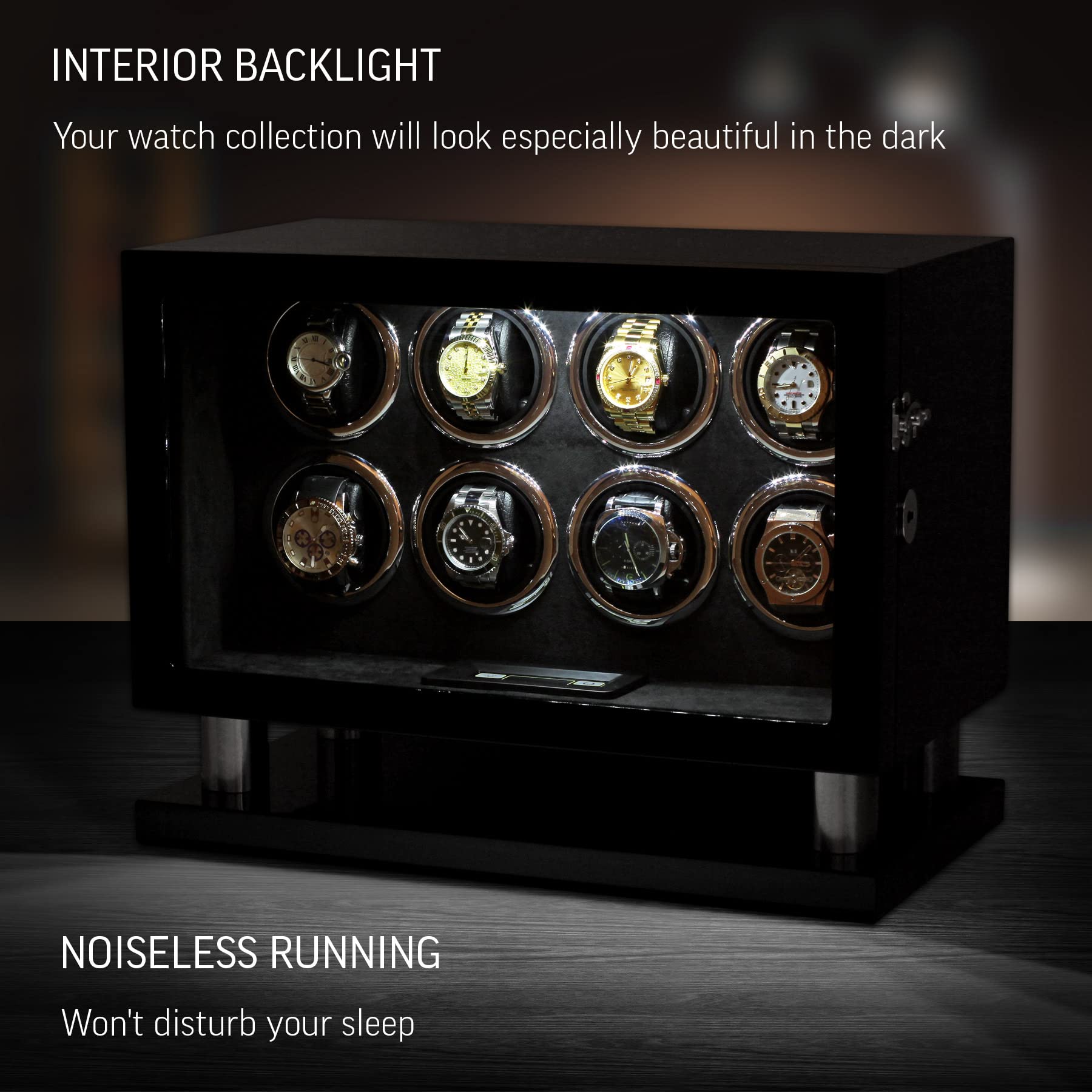 Watch Winder for 8 Automatic Watches with LED Backlight and LCD Touchscreen Control (Black + Black)