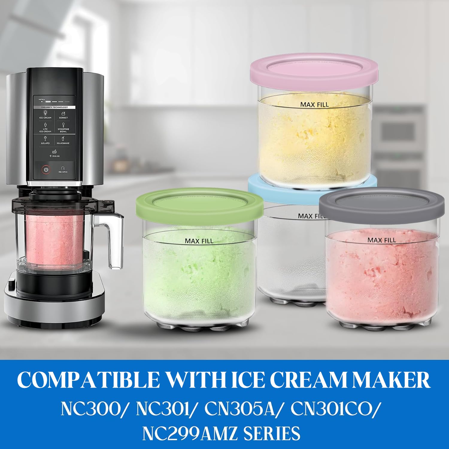 Creami Pints and Lids for Ninja - 4 pack Creamy Icecream Containers Cups Jars Tubs Canisters Set, Smoothie Pot Compatible with NC299AMZ & NC300s Series Creamer Ice Cream Maker Machine Accessories