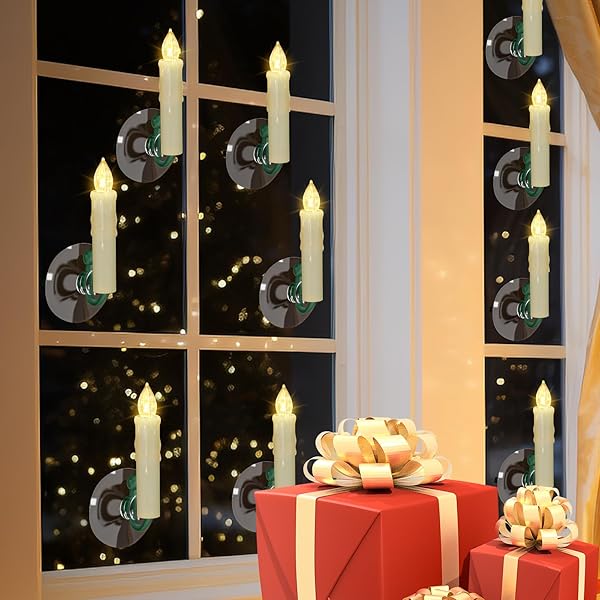 PCHERO WINDOW CANDLES, 10 PACKS WARM WHITE BATTERY OPERATED WATERPROOF LED FLAMELESS TAPER IVORY FLOATING CANDLES WITH REMOTE TIMER AND DIMMABLE, IDEAL FOR HOME INDOOR OUTDOOR CHRISTMAS TREES DECOR