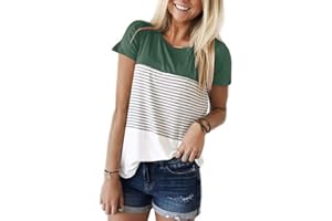 ZAWAPEMIA Women's Striped T-Shirt Crew Neck Triple Color Block Short Sleeve Tops Casual Blouse
