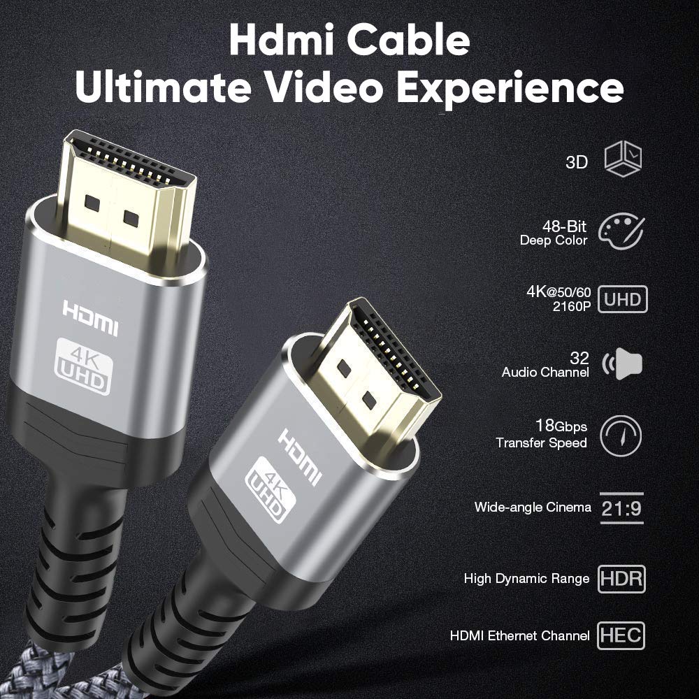 4K 60HZ HDMI Cable 6.6FT,Highwings 18Gbps High Speed HDMI 2.0 Braided Cord-Supports (4K 60Hz HDR,Video 4K 2160p 1080p 3D HDCP 2.2 ARC-Compatible with Ethernet Monitor PS 4/3 HDTV 4K Fire Netflix: Electronics