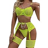 Aranmei Women’s Sexy Eyelash Fishnet Lingerie Set Chain Babydoll Underwire Bra and Panty Sets with Garter Belt 4 Pieces