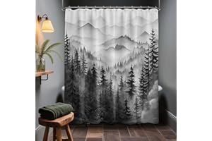QGHOT Mountain Shower Curtain Black and White Forest Nature Shower Curtains for Mens Bathroom Charcoal Grey Rustic Woodland Pine Tree Cool Bath Decor Sets, Waterproof Fabric with Hooks, 70x72in