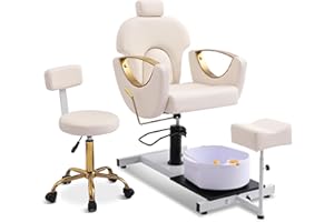 LOUVIXA Pedicure Station No Plumbing, Hydraulic Pedicure Chair for Nail Tech, Height Adjustable Reclining Pedicure Station Unit, 360 Degree Swivel Foot Spa Chair with Massage Foot Bath (White-Golden)