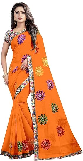 Orange colour Designer Embroidered Saree Cotton Blend fabric with Blouse Piece