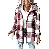 CHICME Womens Lightweight Casual Jacket Plaid Long Sleeve Shacket Fleece Lined Hooded Jackets Warm Coat