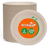 ECOLipak 6 Inch Disposable Compostable Small Paper Plates, 200 Pack Recycled Sugarcane Bagasse Biodegradable Heavy Duty Mini Dinner Appetizer Cake Dessert Plates for Party(Nature)