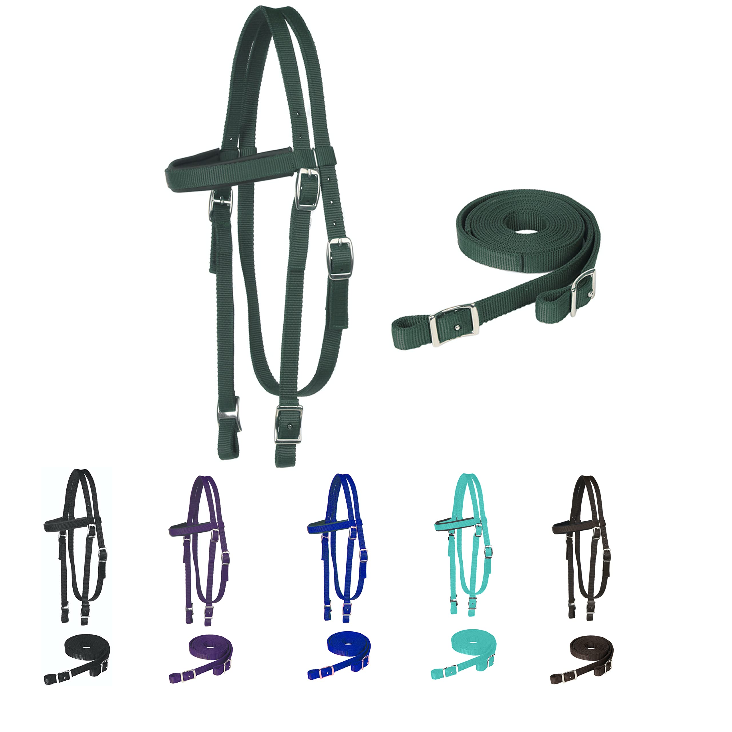 Majestic Ally Nylon Padded Browband Headstall with Reins for Horses (Hunter Green, Full)