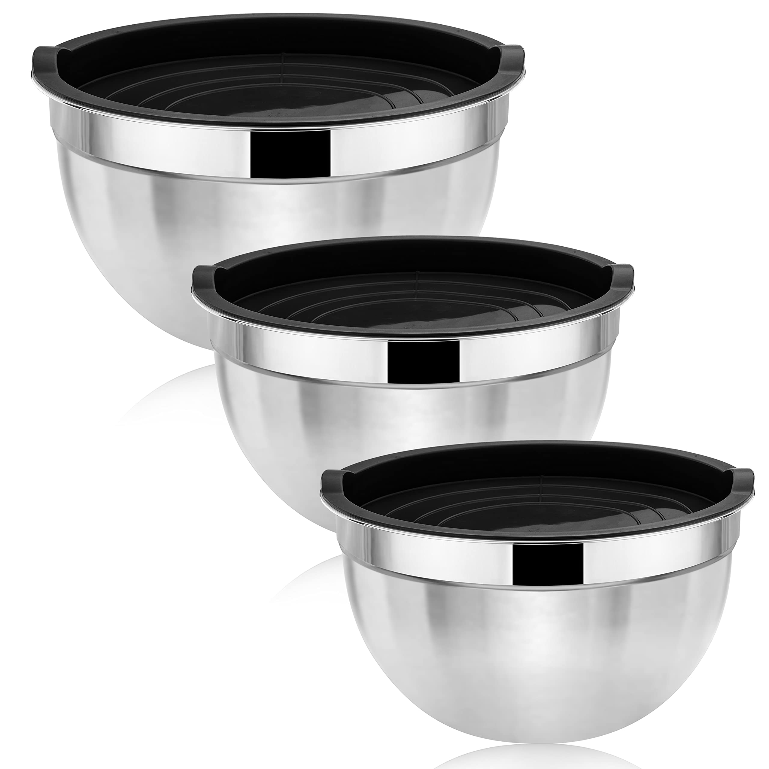 Herogo Mixing Bowl Set of 3, Stainless Steel Salad Bowls with Airtight Lids, Metal Nesting Bowls Set for Kitchen Mixing Baking Serving, 4.5/2.7/1.5 QT, Rustproof & Dishwasher Safe - Black