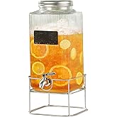 Lulonpon 6L(1.6 Gallon) Glass Drink Dispenser, Beverage Dispenser with Stainless Tap, Glass Water Juice Dispensers with Metal Stand, Water Jug with Tap Perfect for Parties,Weddings,Birthdays