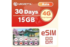 ＵＲＯＺＥＴＴＡ Asia eSIM 30 Days 15GB High Speed Data with 4G Network, Use in Japan, South Korea, Total 10 Asia Countries, Unlimited Over 15GB per Day with Low Speed, Hotspot Supported, Quick Activation