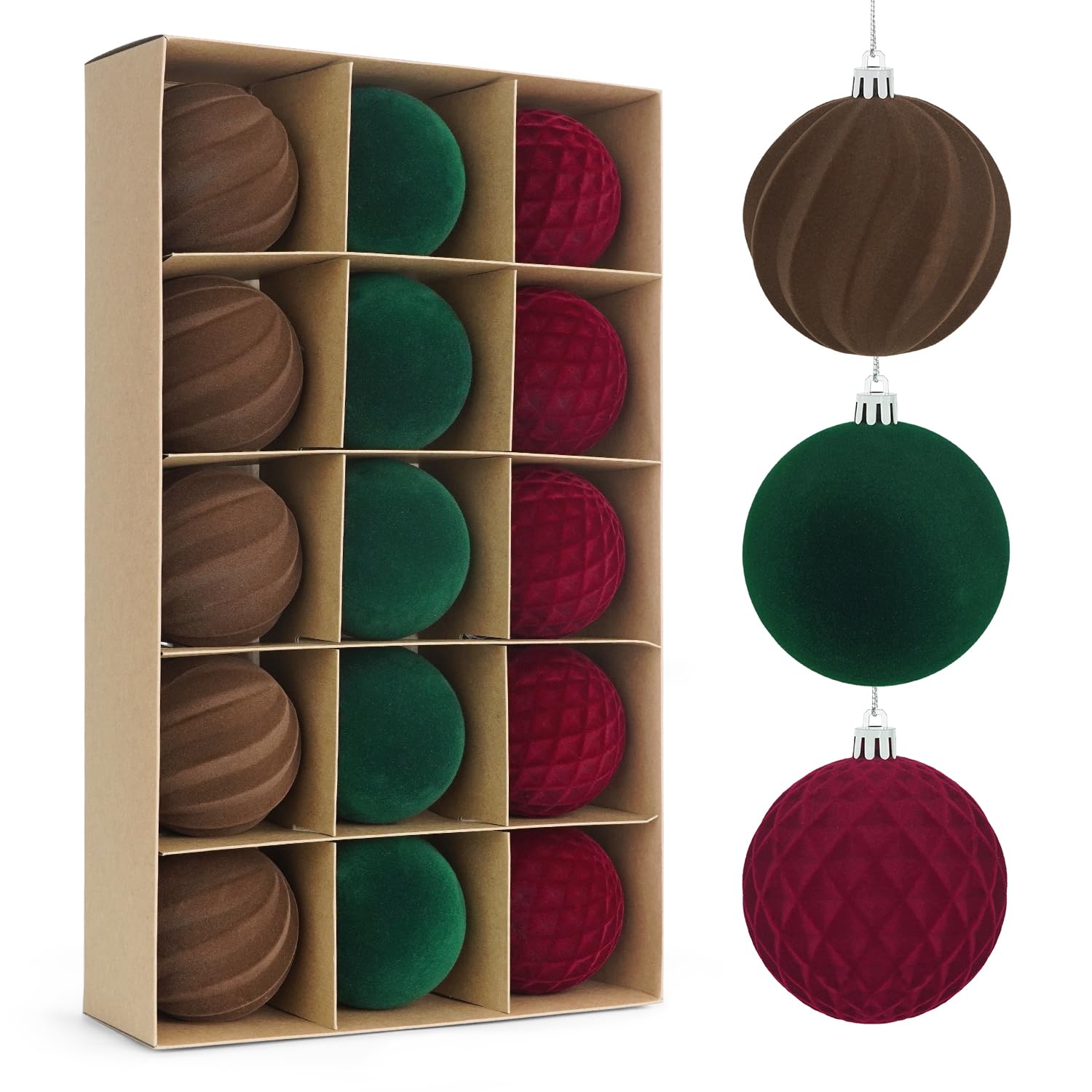Miaikoe 15 Pcs Velvet Christmas Balls Hanging Ornaments Set, Pre-tied Shatterproof Plastic Flocked Christmas Balls Xmas Decorations Festival Holiday Party Decor (Brown,Red,Green,8CM)