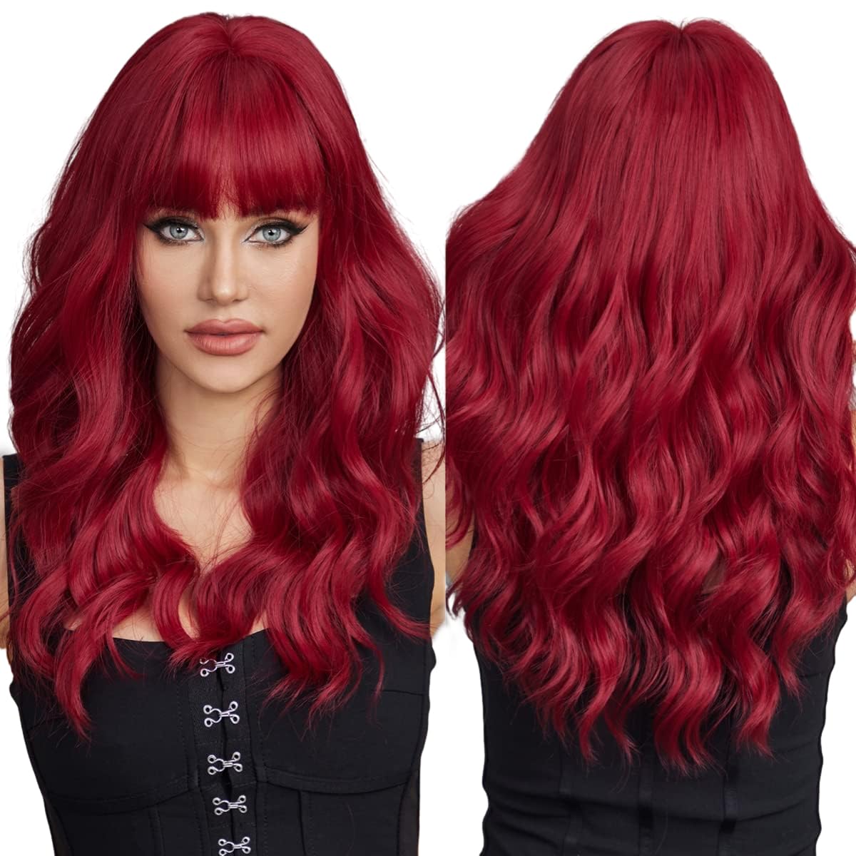 EMMOR Red Wigs with Bangs Long Wavy Wig Curly Wig for Women Heat Resistant Synthetic Wigs Natural Looking