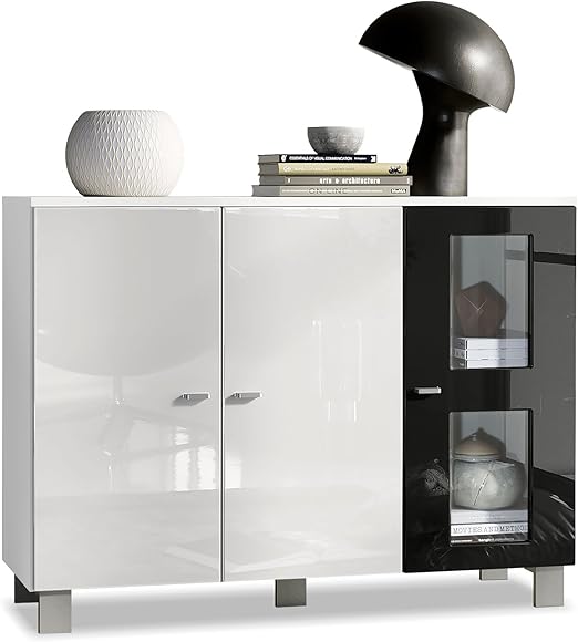 Vladon Sideboard Kommode Denjo Korpus In Weiss Matt Fronten In Weiss Hochglanz Und Schwarz Hochglanz Vladon Amazon De Kuche Haushalt