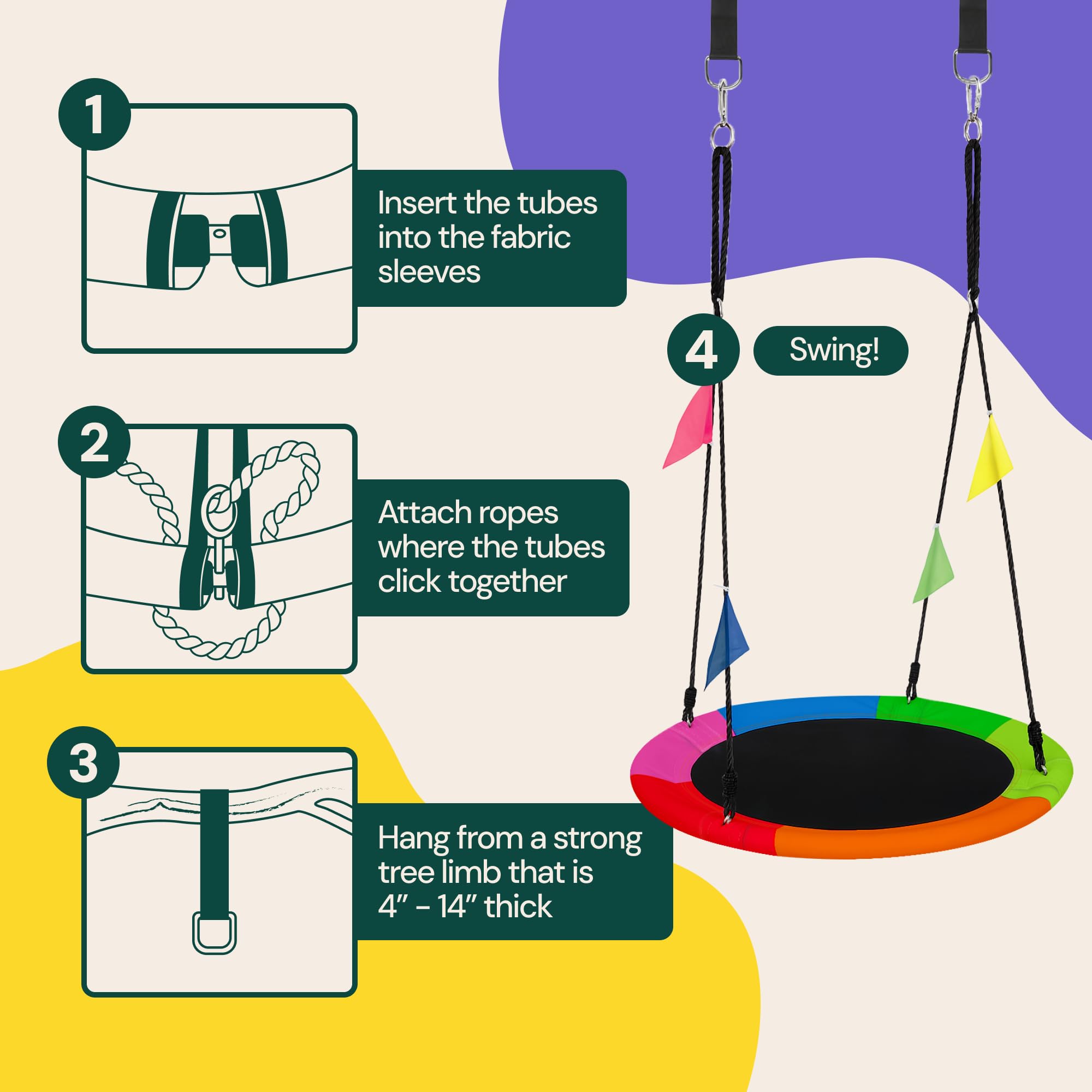 PLAYVIBE 40-Inch Saucer Swing for Kids Outdoor - Multicolor Tree Swing - 440lb Capacity - 600D Oxford Waterproof Fabric & Hanging Straps - Kids Outdoor Toys