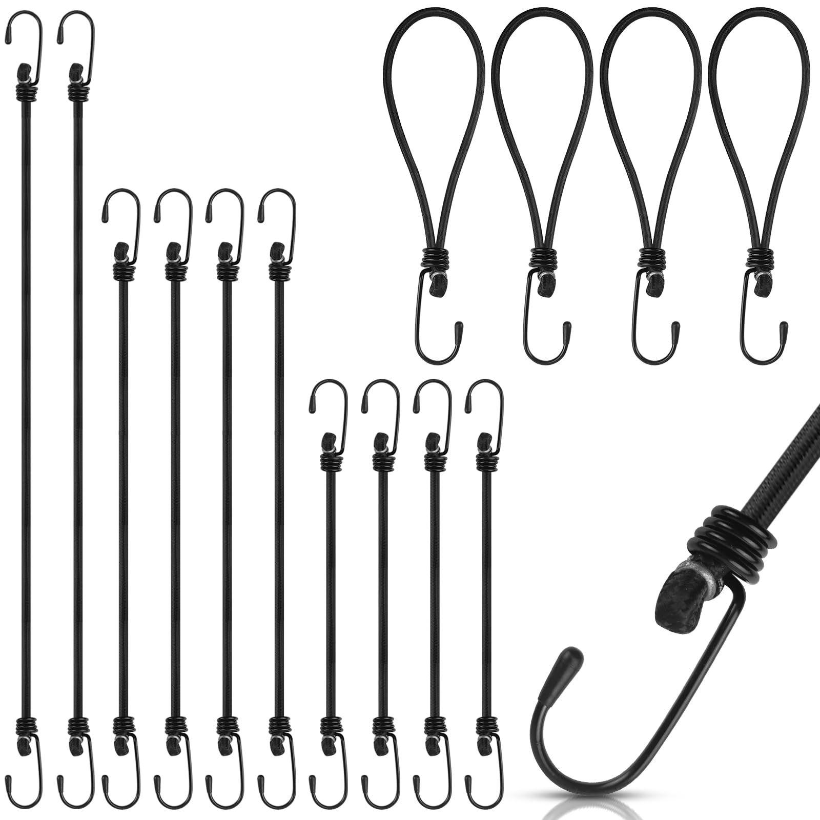 Hengxinc 14 pcs Black Bungee Cords with Hooks, 10 pcs Long Super Resistant Bungee Straps with 4 pcs Small Weatherproof Elastic Straps with Hooks for Tarpaulin Holder, Luggage, Tents, Garden Furniture