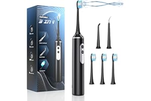 UNINGOPI Water Dental Flosser with Electric Toothbrush, One Switch Between Tooth Brush & Water Floss, 3 in 1 Teeth Cleaning Kit with 4 Modes, Water Flosser Portable for Travel and Home (Black)