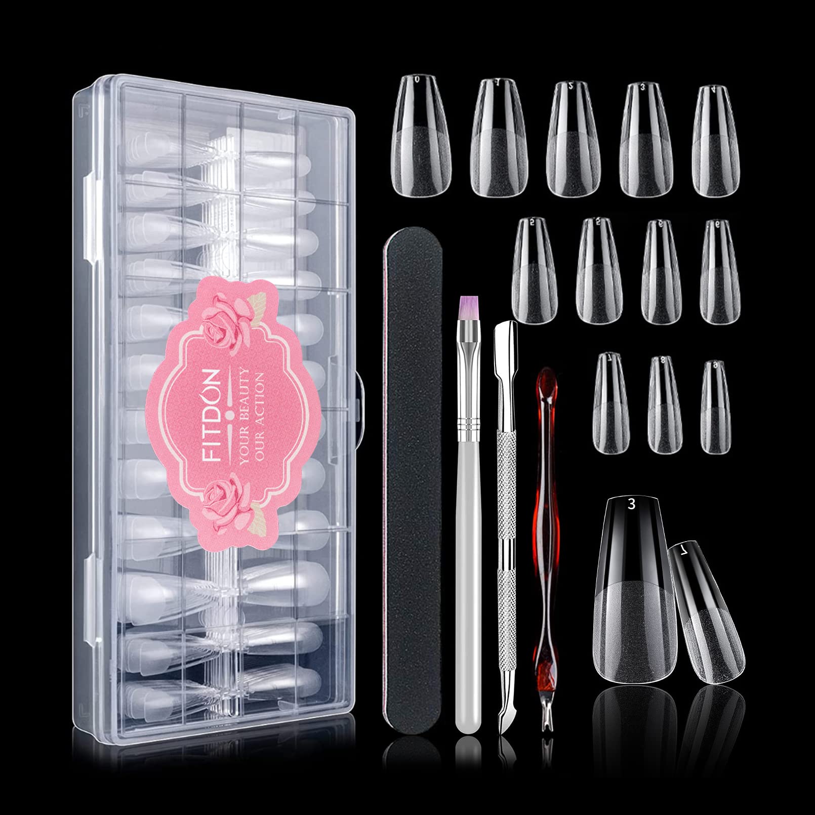 FITDON 240PCS Long Coffin False Nail Tips, Clear Acrylic Nail Tips Ballerina Full Cover Artificial Fake Nails for Nail Salons and DIY Nail Art