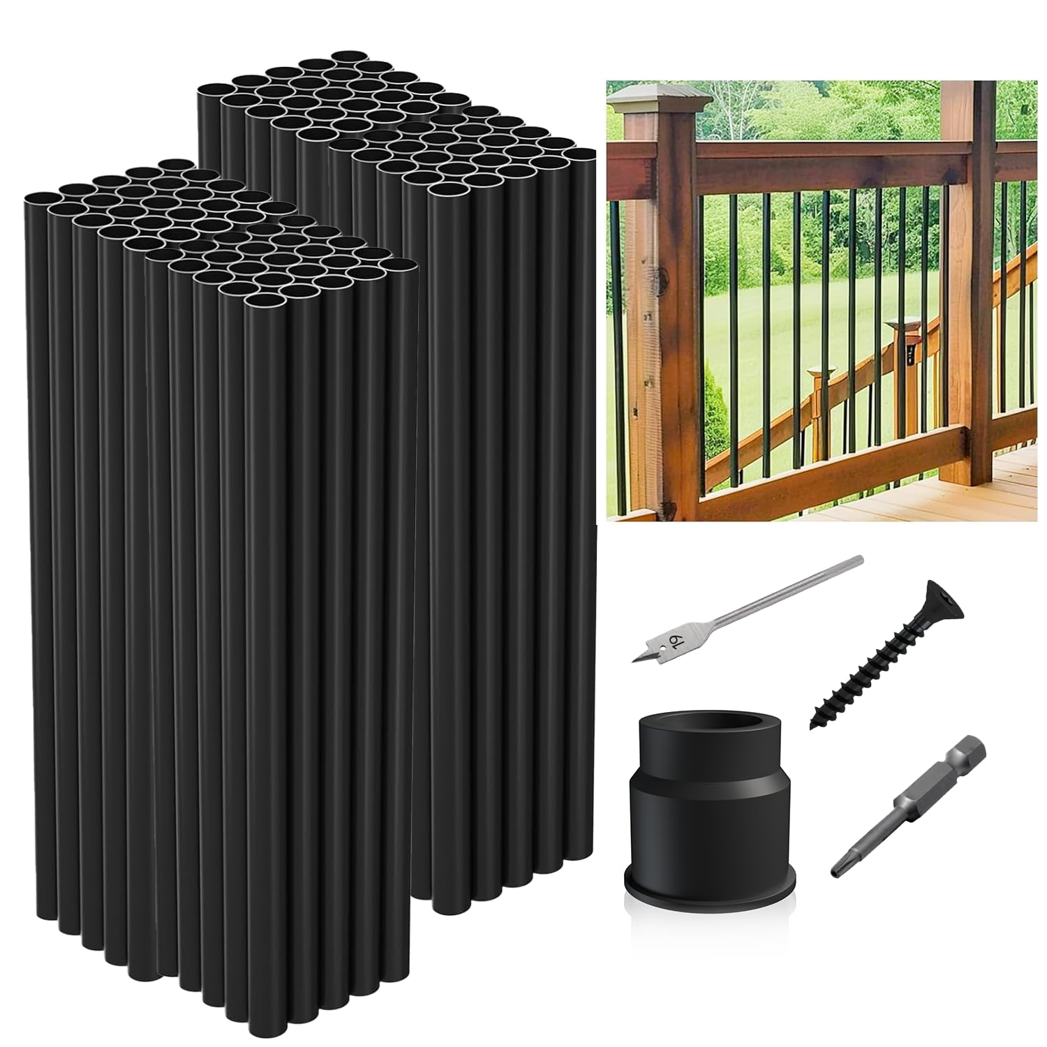 Photo 1 of 36"-100Pack Aluminum Deck Balusters Hollow Round Deck Railing Spindles Matte Coated Black for Wood and Composite Deck Indoor Outdoor