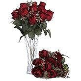 FlueHouzz Artificial Roses Flowers Fake Silk Rose Bouquet 12 Heads 2 Packs of Realistic Blossom Roses for Home Wedding Party Floral Decoration Table Centerpieces, Burgundy