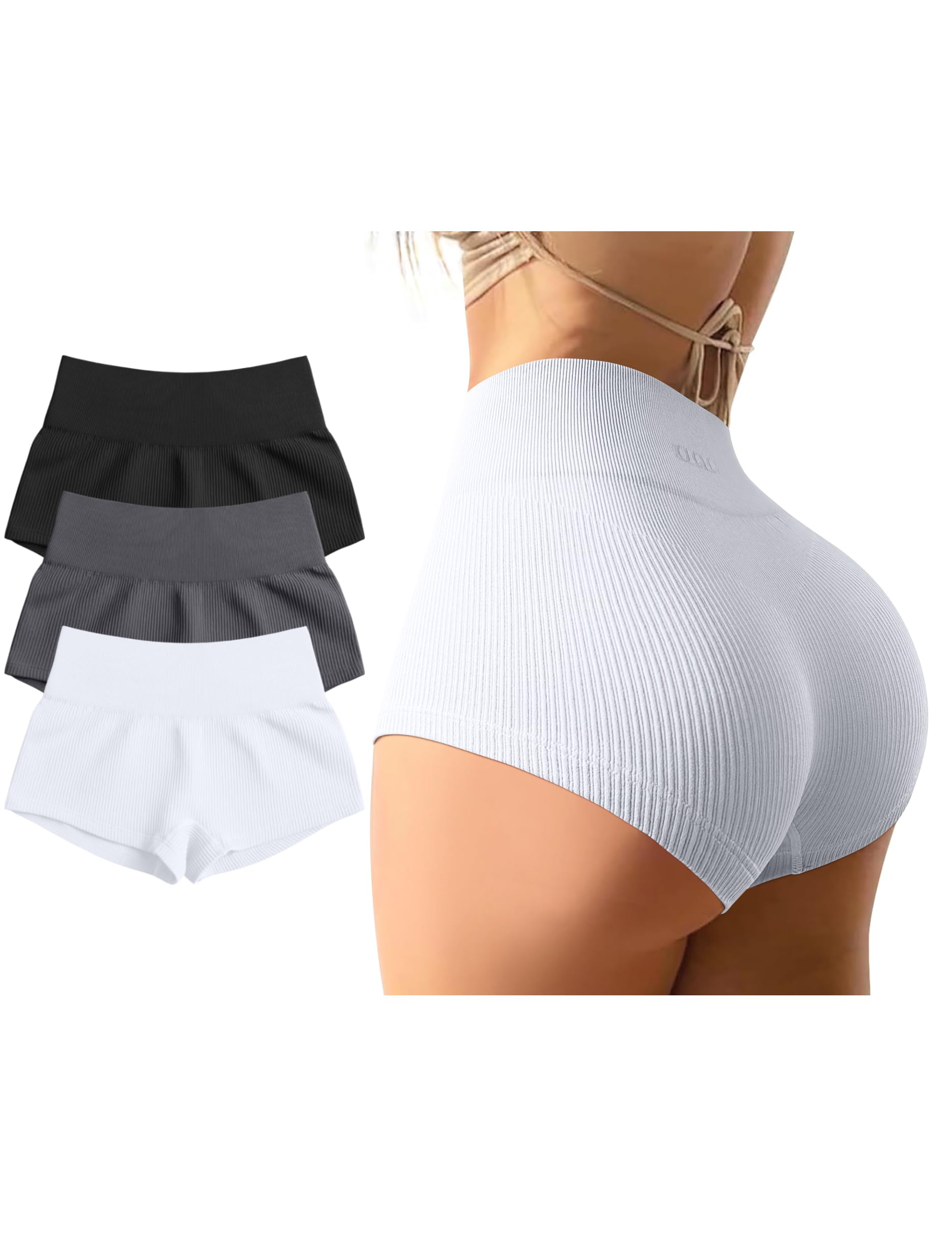 Photo 1 of OQQ Women 3 Piece Yoga Shorts Sexy High Waist Booty Stretch Workout Exercise Hot Shorts Black Darkgrey White