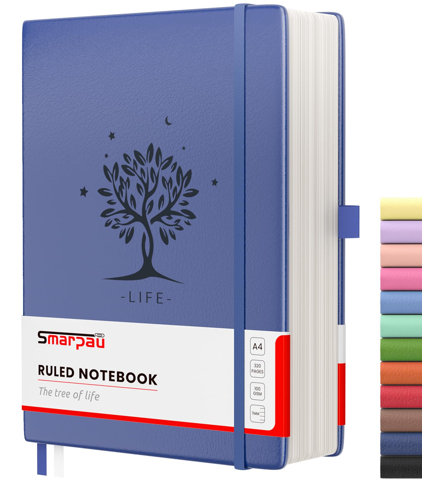 Smarpau Large A4 Lined Notebook, 320 Pages Ruled Notebook Thick Journal 100gsm No Bleed Paper with Index Tabs, Leather Hardcover Journal for Women Men Work School Office - Blue