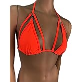 Exotic Dancewear Neon Orange Triangle BikinI Top Rave Outfits Skimpy Strappy String Adjustable Swimwear Cage Bikini Top Bra with Connector