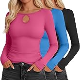 Velvelhall 3 Pack Women's Long Sleeve Cutout Neck Keyhole Knit Shirts Slim Fit Stretchy Going Out Y2k Tops with Side Ruched