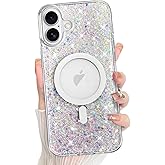 Bonoma for iPhone 16 Case Sparkly Glitter Bling Back, Magnetic Support for MagSafe Shockproof, Crystal and Clear High-Duty Protection for Girls Women-Sparkly Glitter