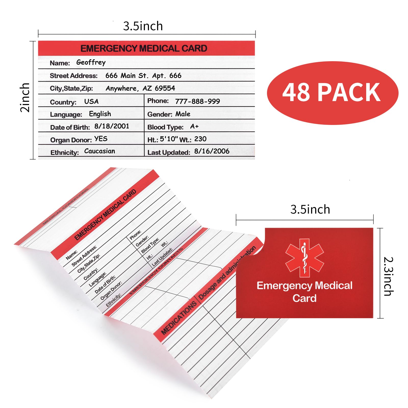 48 Pack Red Medical Condition and Emergency Contact Id Wallet Card Emergency Contact Card Emergency Medical Information Card Pocket Size Medical Alert Wallet Card for Caretakers