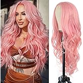 Aida ble Long Pink Wavy Wig for Women -26inch Middle Part Long Pink Curly Wavy Wigs Heat Resistant Synthetic Hair Looking Natural, Fiber wig for Daily Party Use