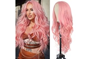 Aida ble Long Pink Wavy Wig for Women -26inch Middle Part Long Pink Curly Wavy Wig Heat Resistant Synthetic Hair Looking Natural, Fiber Wig for Daily Party Use