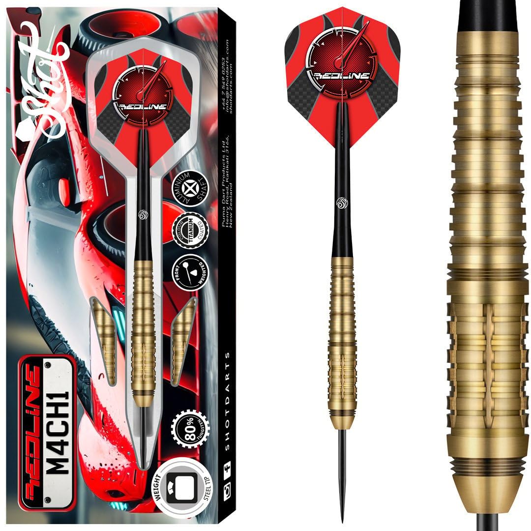 Shot! Darts Redline M4CH1 Steel Tip Dart Set Front Weighted 80% Tungsten Barrels (24, Grams)