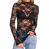 Women's Floral Lace Mesh Long Sleeve Top Mock Neck Sheer See Through Fitted Blouse for Party Club Night Out Layering Shirt