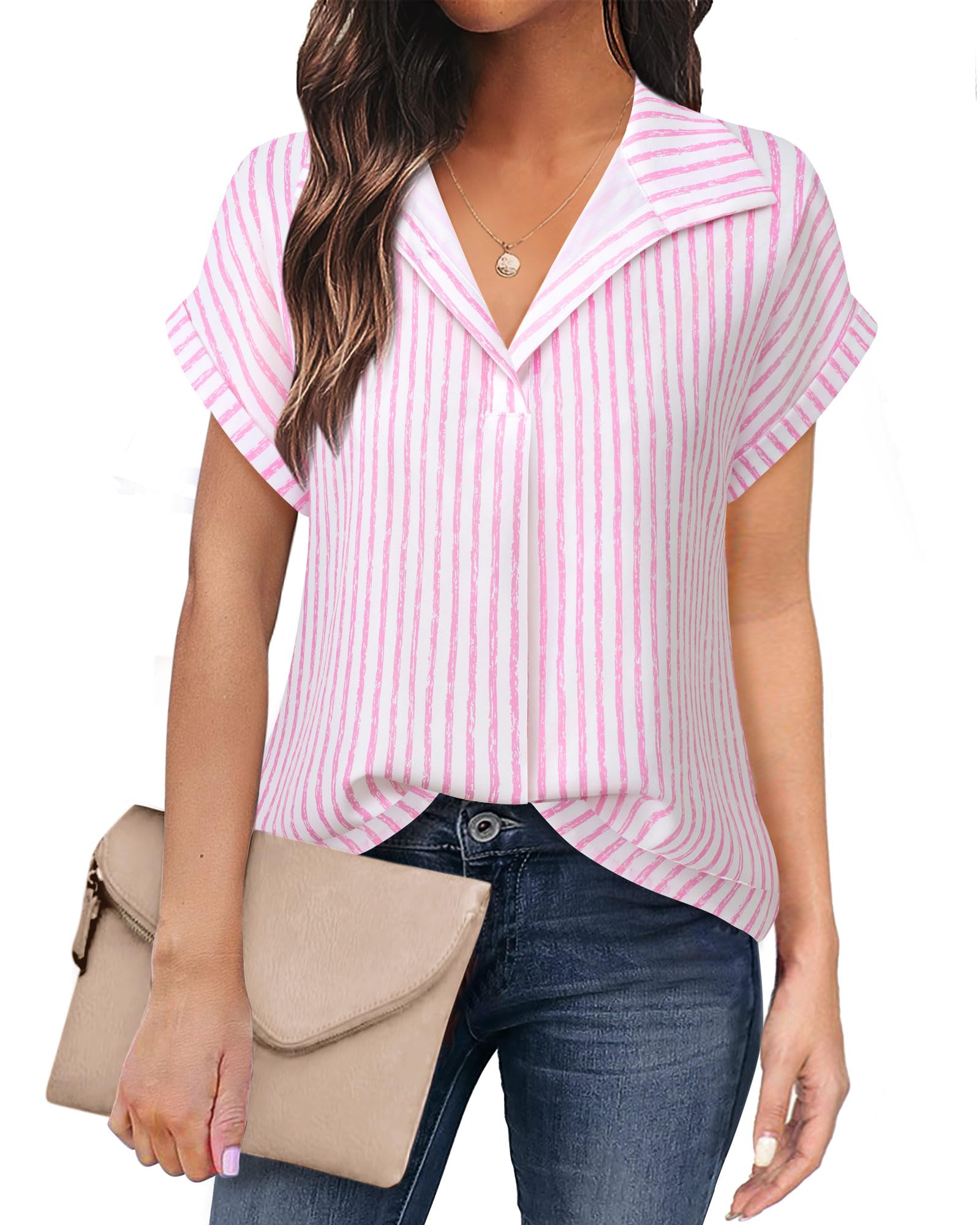 Photo 1 of *Damaged item/ hole in back* Timeson Womens Tops for Work: Short Sleeve - Women's Dressy Tops and Blouses - Womens Work Shirts Business Casual Trendy 2025 Ladies Professional Office Clothes Cute Formal Attire Fit Pink Stripes XL