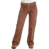 Flamingals Straight Leg Mid Waist Pants for Women with Solid Flap Pockets