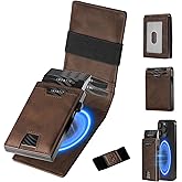 iwantit 3 in 1 MagSafe Wallet Men: Slim Bifold Money Clip + Smart Pop up Card Holder - Cash Strap, Men’s Minimalist Magnetic Wallet, ID Window, Premium Leather (Nubuck Brown)