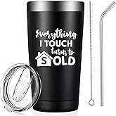 RNFENQS Realtor Real Estate Agent Gifts, Everything I Touch Turns to Sold Tumblers with Lids and Straws, Stainless Steel Vacuum Insulated Travel Tumbler Cups 20 OZ for Men Women Black