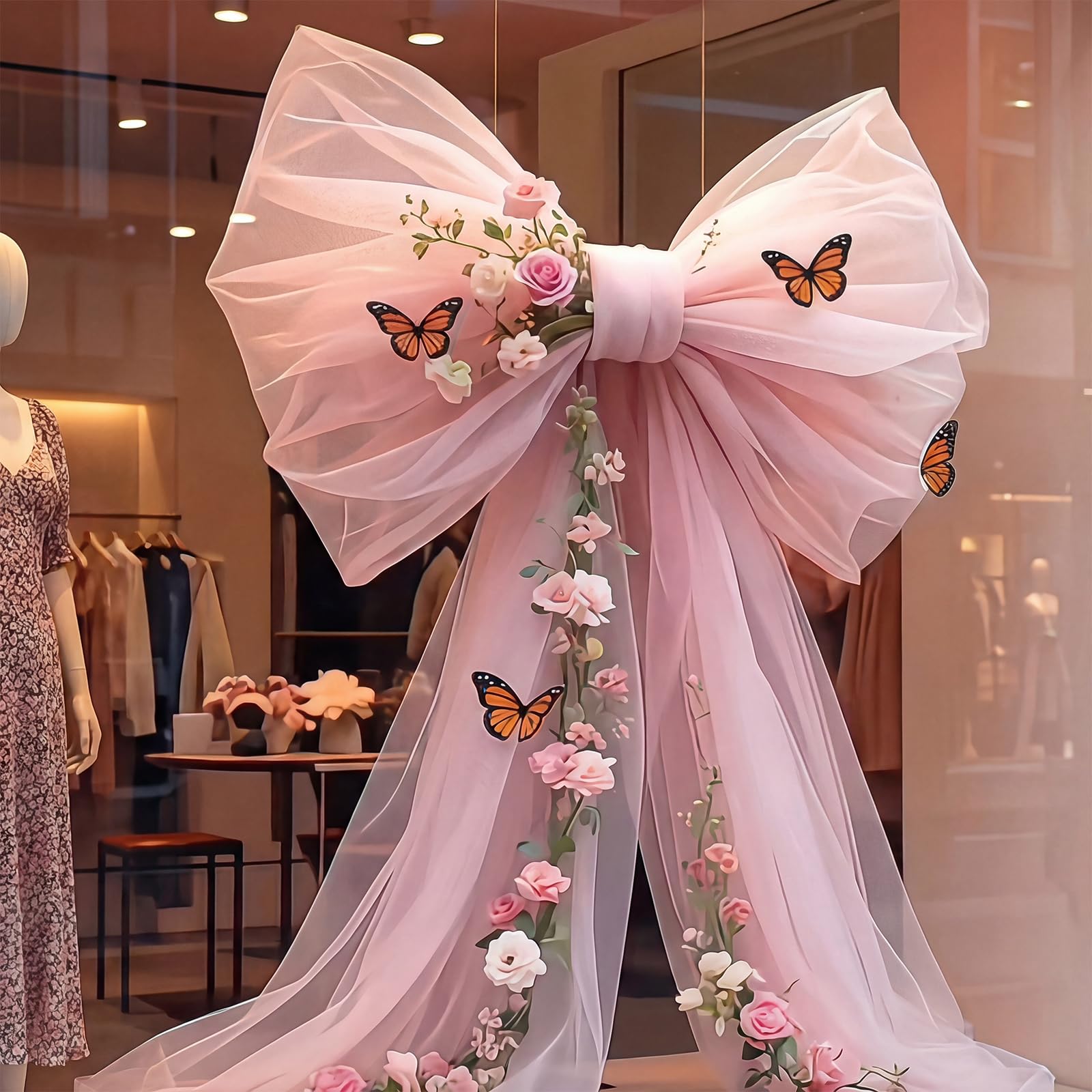 Photo 1 of Giegxin Giant Pink Bow for Wedding Backdrop 28 x 98 Inch Extra Large Pink Bow Decor with 75 Inch Floral Artificial Flower Vine and Butterflies for Wedding Bridal Shower Arch Baby Shower Birthday Party