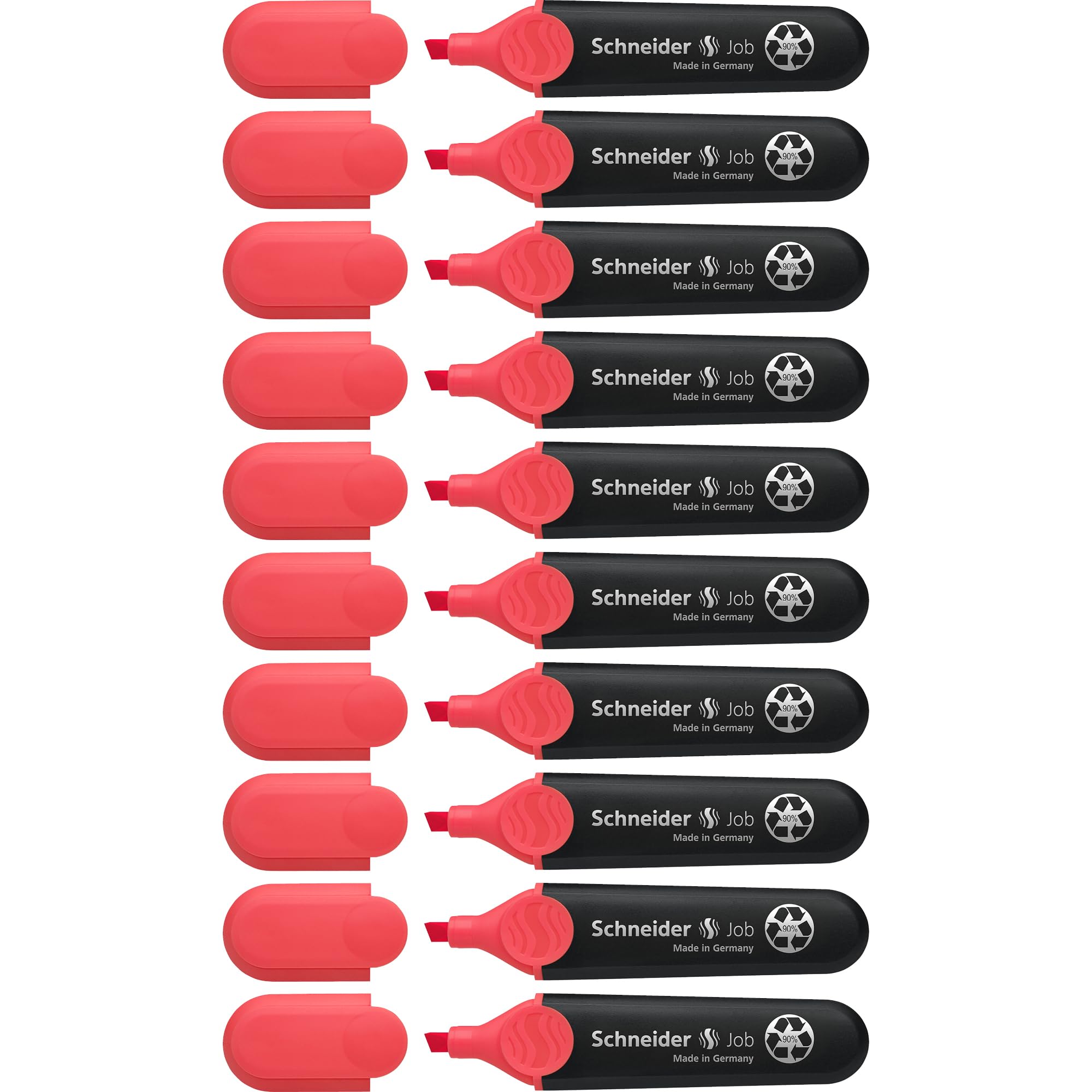 Schneider Highlighter Job 150, refillable, Non-Fading, with Clip, Red, Pack of 10