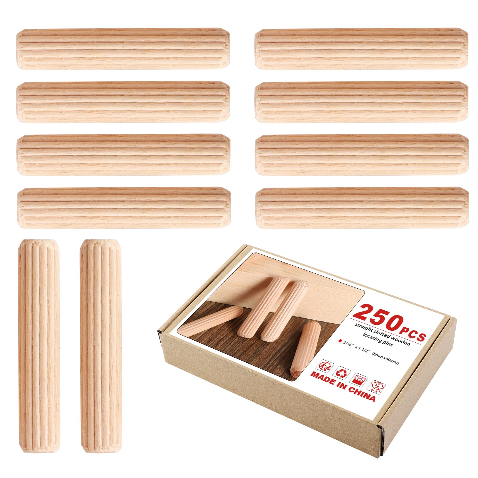 Faankiton 250 Pieces Wooden Dowel Pins 8x40mm, Straight Grooved Wooden Dowels Set with Bevelled End, Fluted Eucalyptus Hardwood Dowels, Wood Plugs for Furniture, Woodworking, and Crafting