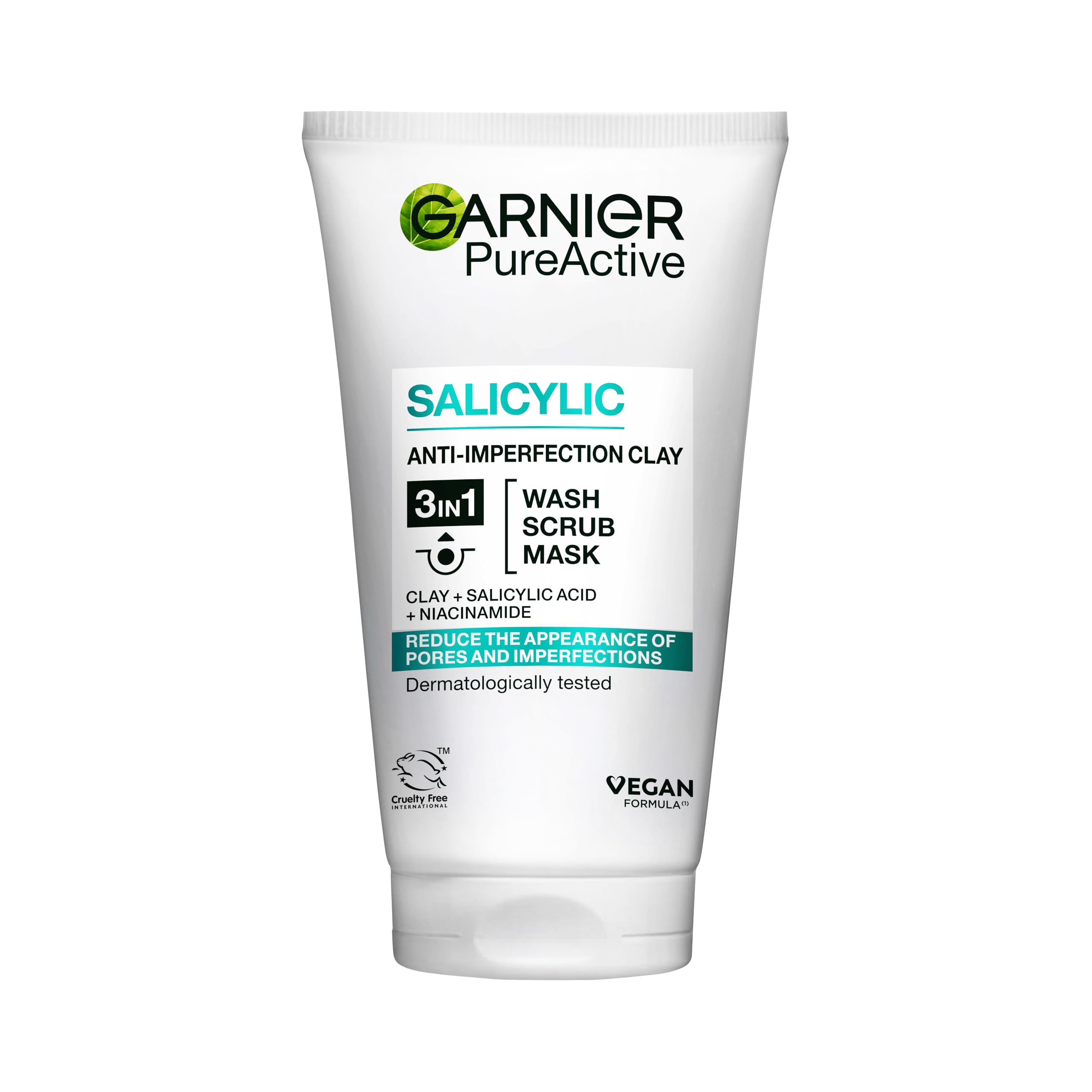 Garnier Pure Active 3in1 Clay Mask-Wash-Scrub 150ml, With Clay, Salicylic Acid, and Niacinamide, Face Cleanser For Oily Skin Prone to Blemishes, Eliminate Impurities & Reduce Pores