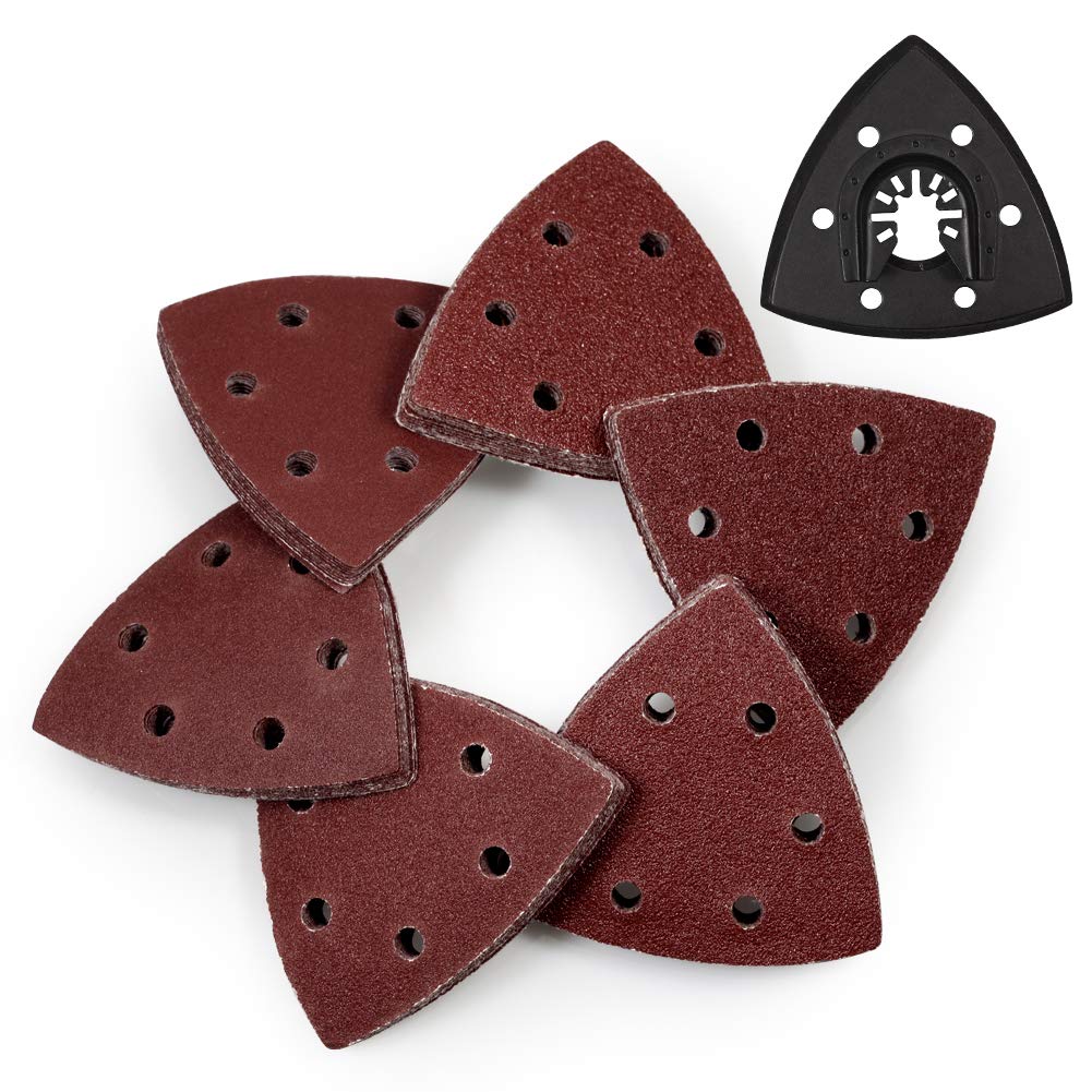 SPEEDWOX 61 Pcs 3-1/2 Inches 90mm Triangle Hook and Loop Sanding Discs with ABS Oscillating Sanding Pad Assorted 40/60/80/100/120/240 Grits Detail Sander Sandpaper