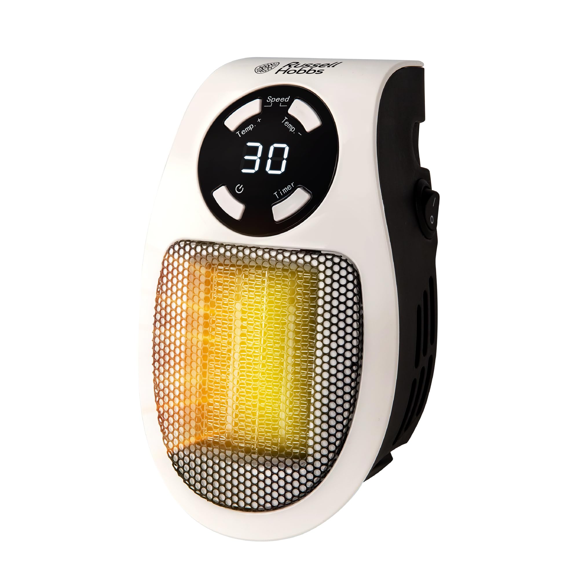 Russell Hobbs RHPH2001 500W Ceramic Plug Heater, Adjustable thermostat, 12 Hour Timer & LED Display, 2 Fan Speeds, 2 Year Guarantee, White